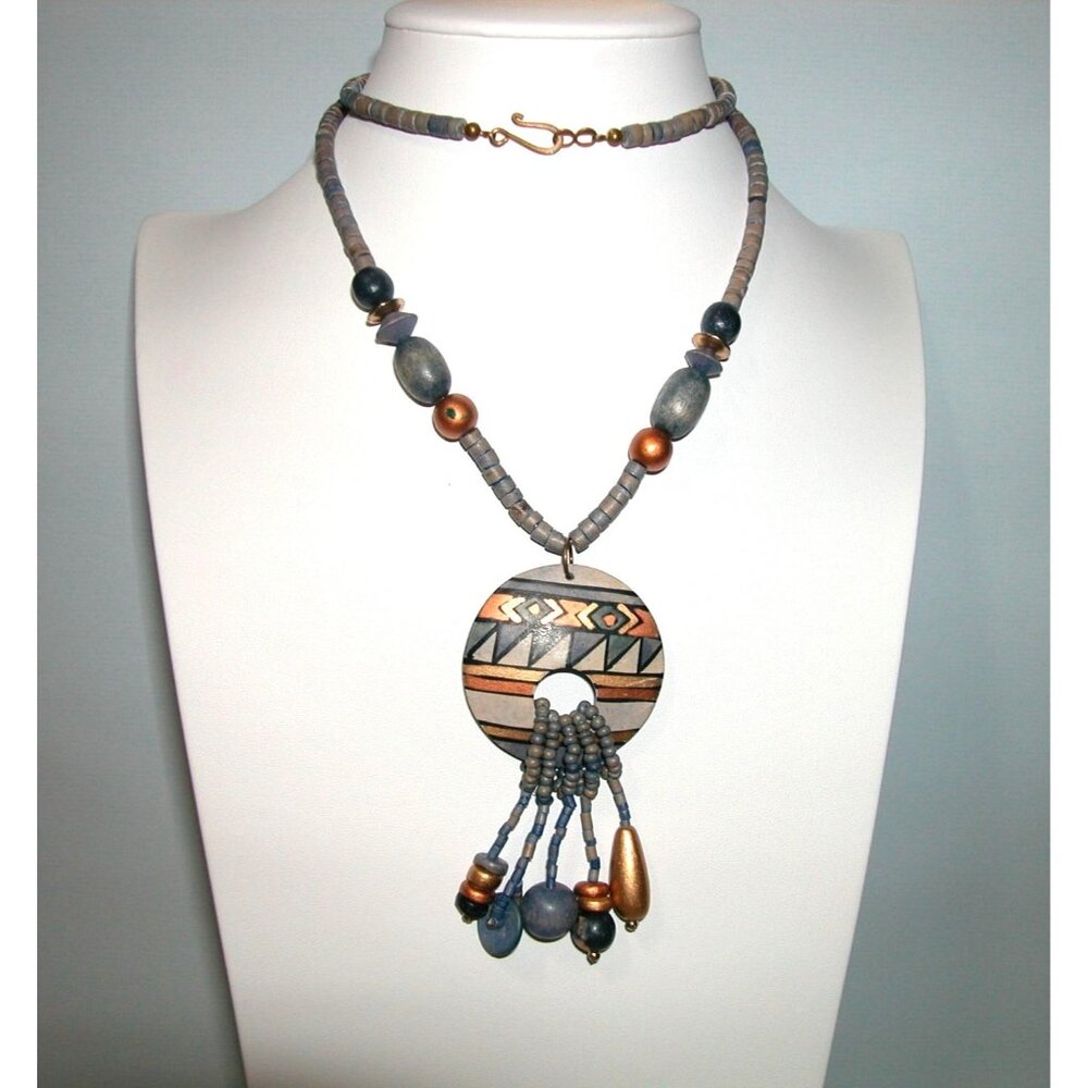 Handmade Ethnic-Inspired Beaded Necklace With Geometric Pendant & Dangle Accents